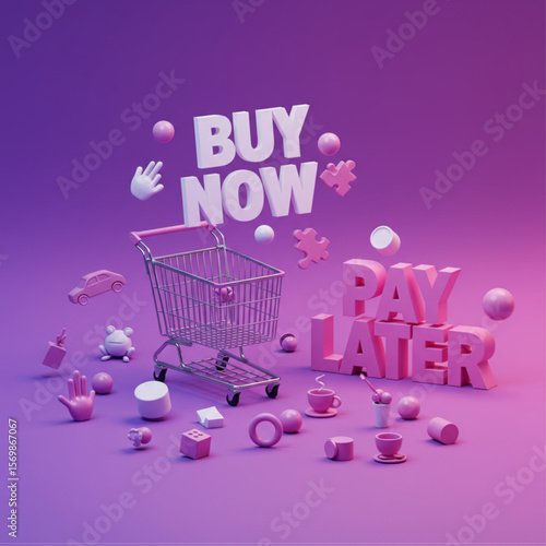 Buy Now Pay Later E-commerce Concept with 3D Shopping Cart and Abstract Objects