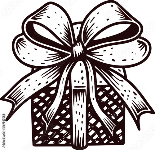 Hand drawn gift box with large ribbon and bow, detailed vintage present illustration