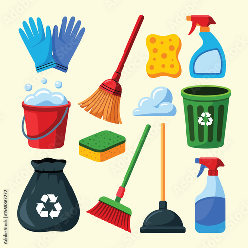 Collection of colorful cartoon cleaning supplies and tools for house cleaning tasks