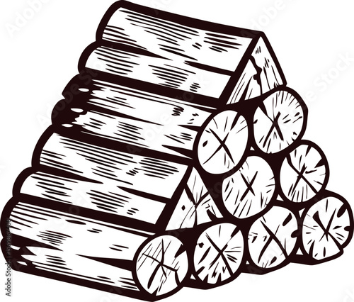 Hand drawn firewood log pile illustration in vintage engraved sketch isolated on white background