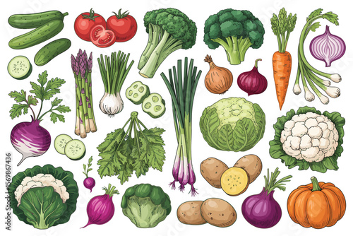 Assortment of fresh colorful vegetables including broccoli cauliflower carrots and onions