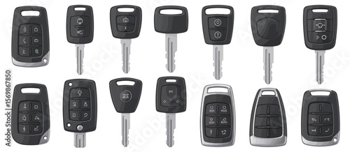 Collection of modern car keys with various buttons and keyless entry fobs