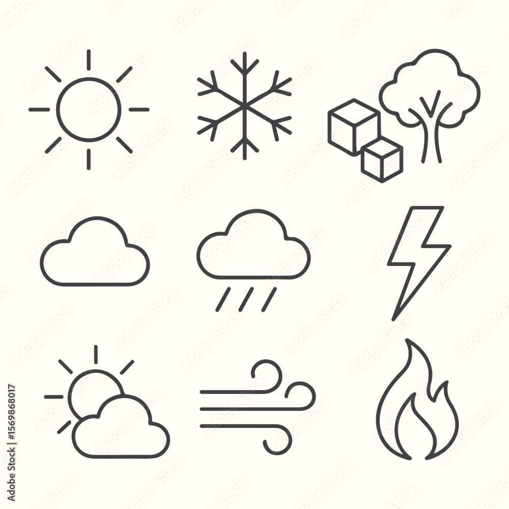 Weather forecast icon set: sun, cloud, rain, and snow symbols for meteorology illustrations Weather forecast icon set: sun, cloud, rain, and snow symbols for meteorology illustrations