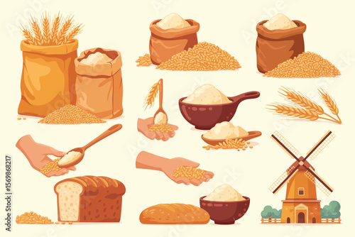 Collection of wheat grains flour bread and windmill for baking and agriculture