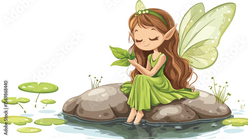 Cute fairy sitting on a rock beside a pond with lily pads