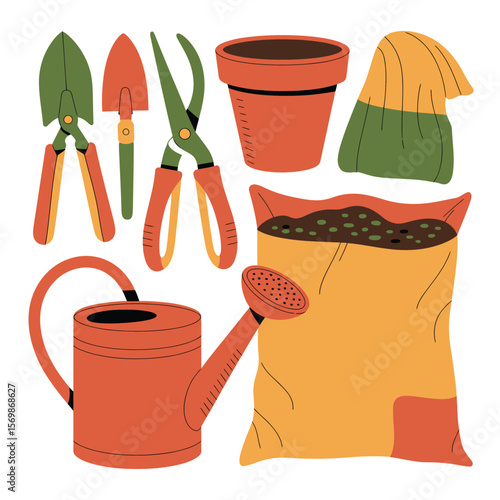Gardening tools including watering can pot soil bag and shears