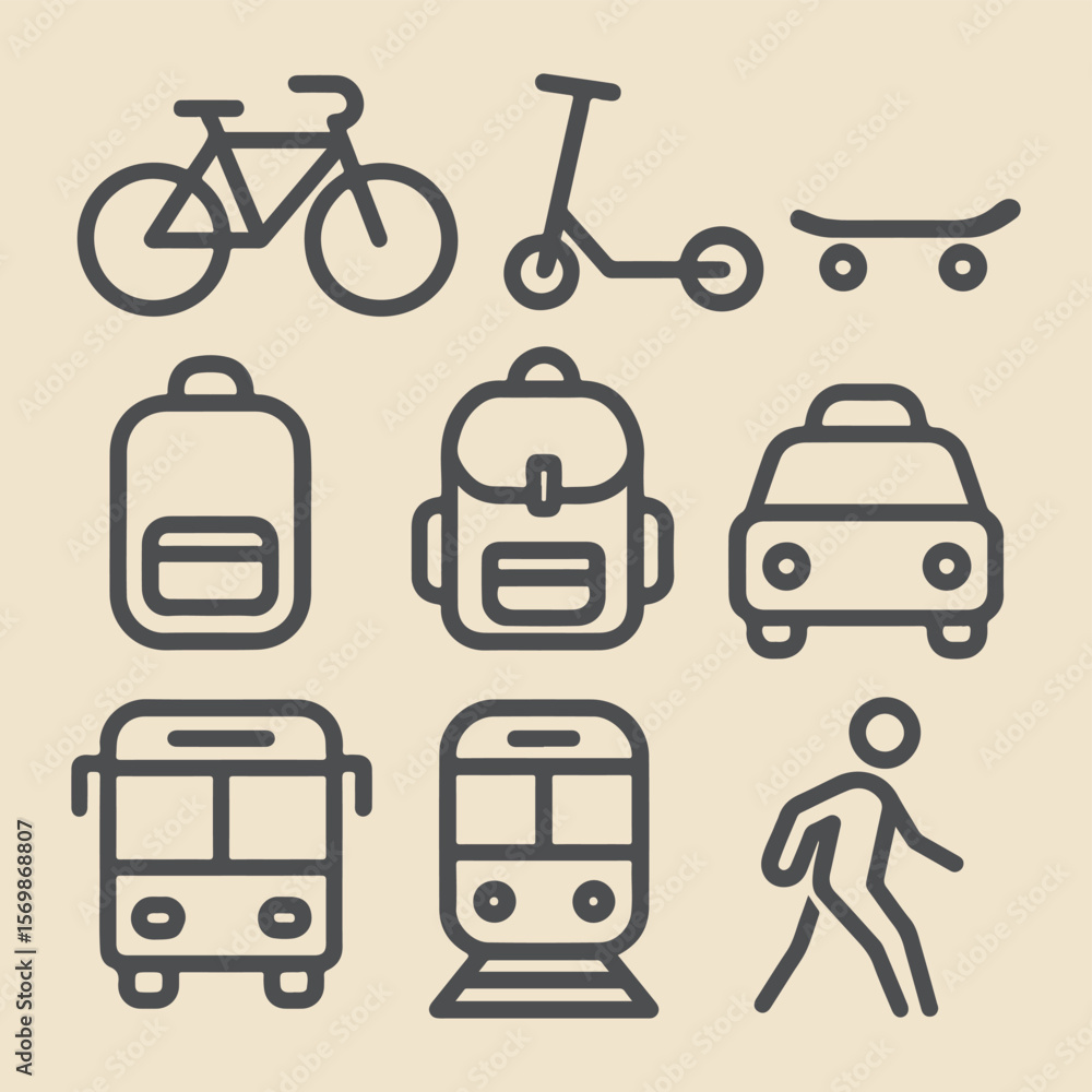 A vector icon set featuring various transportation symbols like cars, buses, trucks, trains, planes, and ships, ideal for illustrating travel and delivery concepts A vector icon set featuring various transportation symbols like cars, buses, trucks, trains, planes, and ships, ideal for illustrating travel and delivery concepts