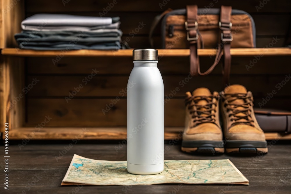 Fototapeta premium blank Reusable water bottle mockup A stylish water bottle stands on a map, surrounded by hiking boots and neatly stacked clothes, perfect for outdoor adventures.