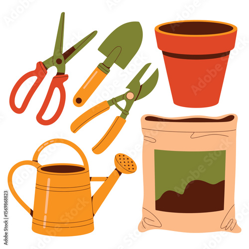 Gardening tools including scissors trowel pruners watering can pot and soil bag