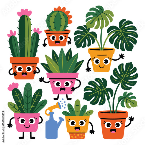 Cute cartoon potted plants with faces and arms watering a plant