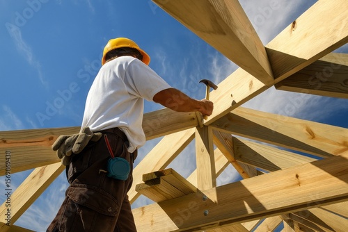 roofer ,carpenter working on roof structure at construction site