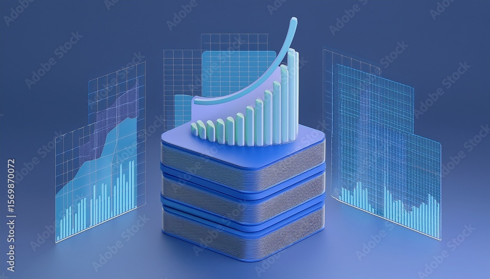 Fototapeta premium 3D icon of a stack of data analysis files with a floating statistical chart above them