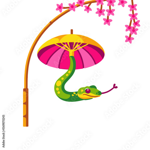 Cartoon Snake under Umbrella - Whimsical Illustration of Green Reptile with Pink Flowers - Cute Snake Character with Tongue Out - Fantasy Animal Art