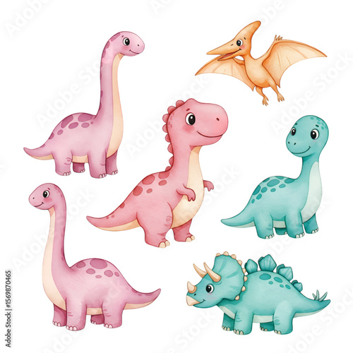 Fototapeta Naklejka Na Ścianę i Meble -  Cute cartoon dinosaur illustration set isolated on white background