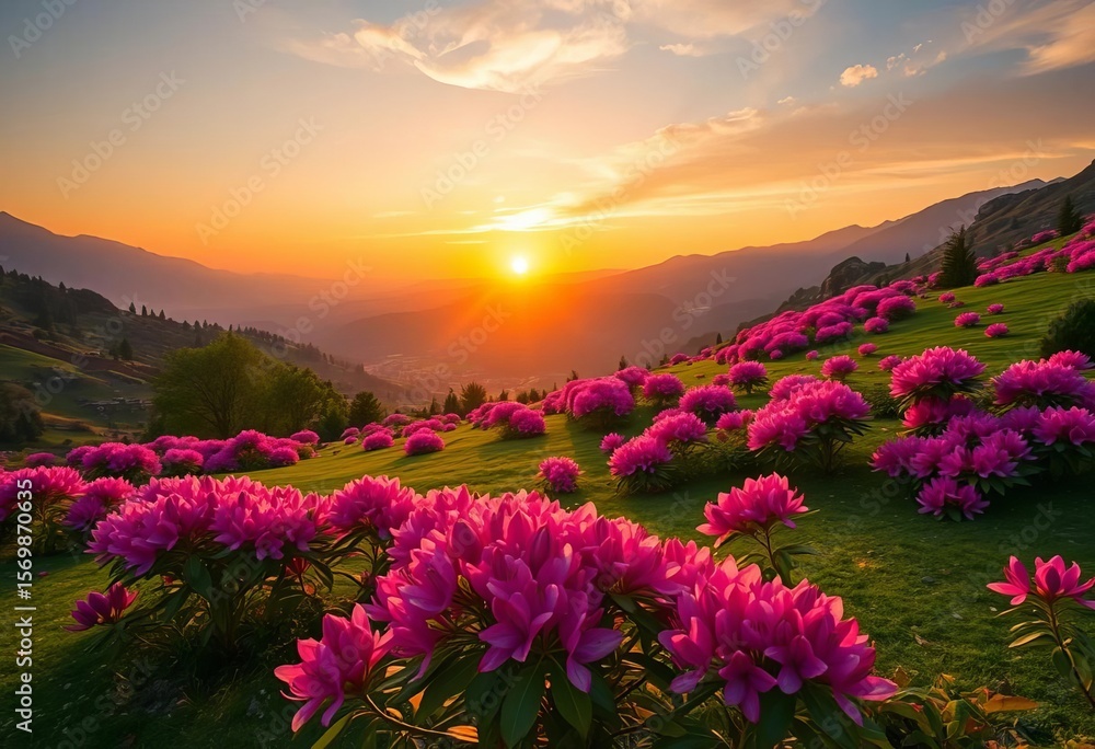Fototapeta premium Sunrise illuminates pink rhododendron-covered mountain lawns, vibrant spring valley scene, color, dawn