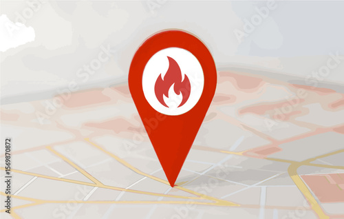 Fire Location Map Pin: Red map pin with fire icon on map background, symbolizing emergency location, incident response, or fire safety.