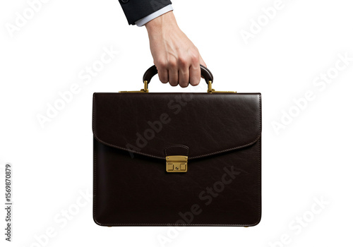 A hand in a suit holding a brown leather briefcase with a gold clasp on a white background studio shot
