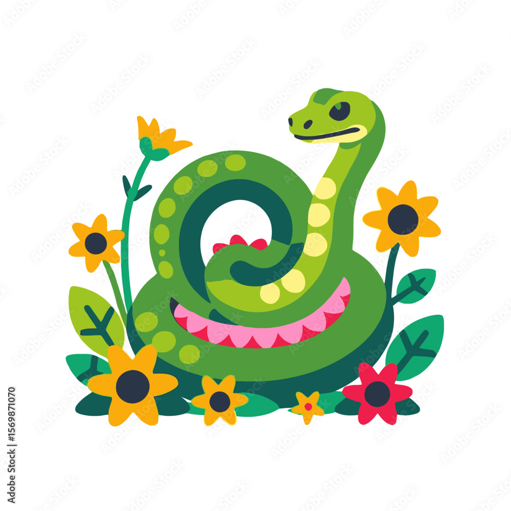 Fototapeta premium Cute Cartoon Snake Illustration- Green Snake with Flowers- Happy Snake Design- Vector Snake Artwork- Child Friendly Snake Image