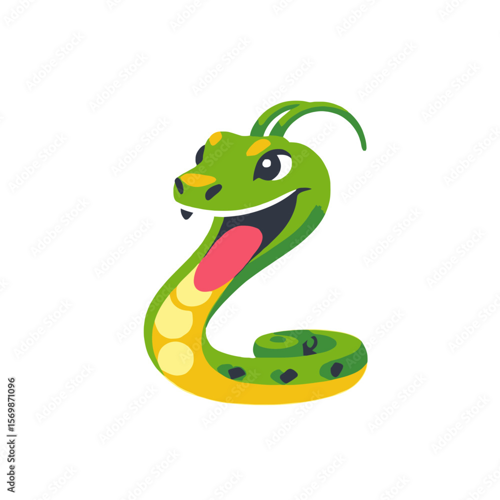 Fototapeta premium Cute Cartoon Snake Illustration- Smiling Green Reptile with Tongue Out- Funny Animal Character Design- Vector Graphic for Kids Content- Isolated on White Background