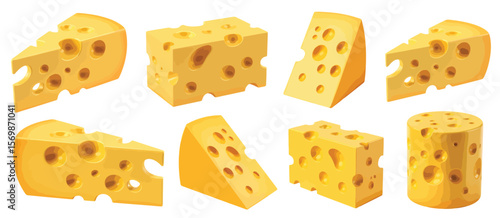 Collection of various swiss cheese slices and blocks with holes