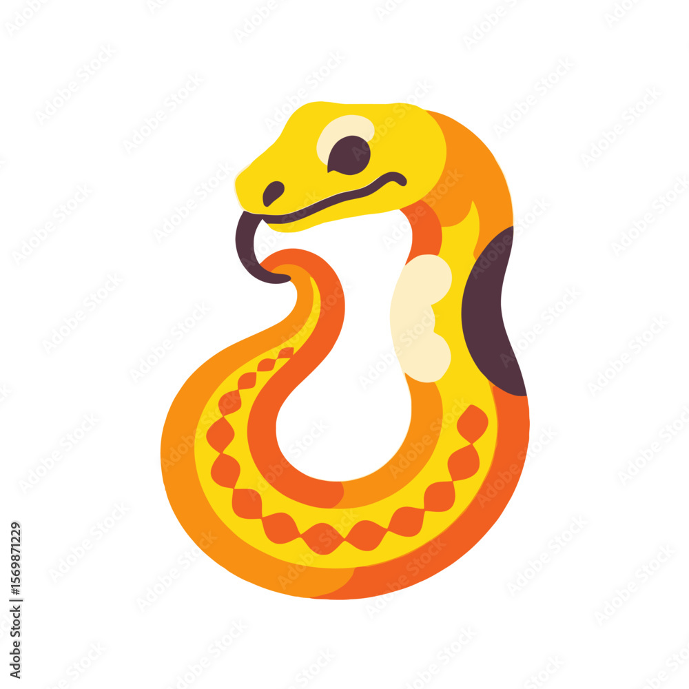 Naklejka premium Cute Cartoon Snake Illustration-Yellow and Orange Serpent with Black Tongue-Fun Animal Graphic for Kids-Download High Resolution Art