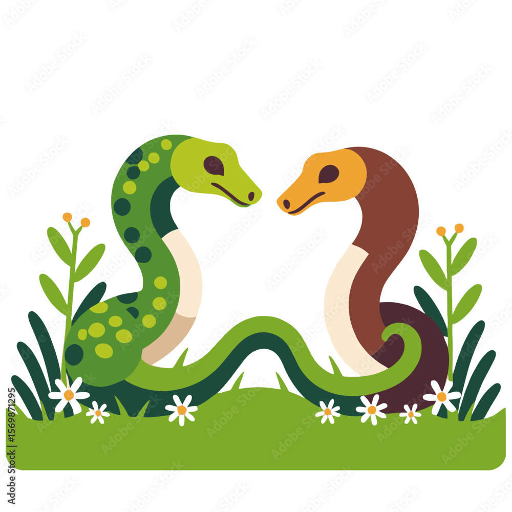 Naklejka premium Cute Cartoon Snakes in Love Illustration- Whimsical Reptile Art for Kids- Green and Brown Snake Couple with Flowers and Grass- Adorable Serpent Graphic Design
