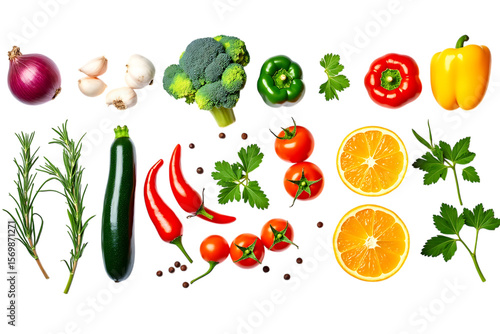 Assortment of fresh vegetables and fruits arranged on black background onion garlic