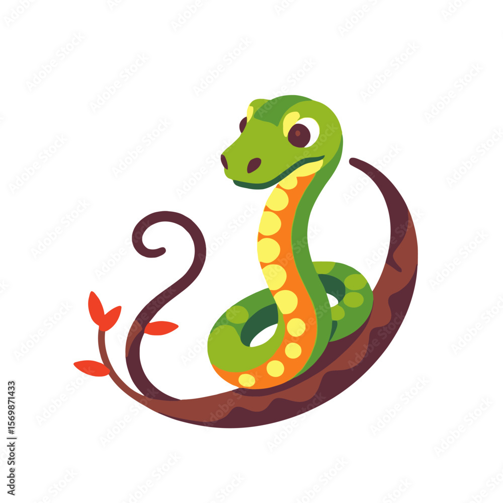 Fototapeta premium Cute Green Snake Cartoon Illustration-Friendly Reptile on Branch-Vibrant Colors Animal Art-Kids Design-Nature Inspired Graphics-Educational Resource-Wildlife Artwork