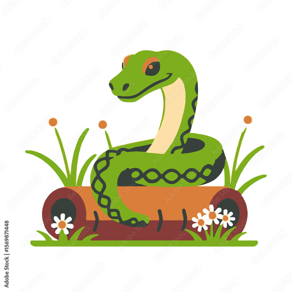 Fototapeta premium Cute Green Snake Illustration-Cartoon Snake in Log with Flowers-Playful Reptile Vector Graphic-Nature Inspired Design-Perfect for Kids Content