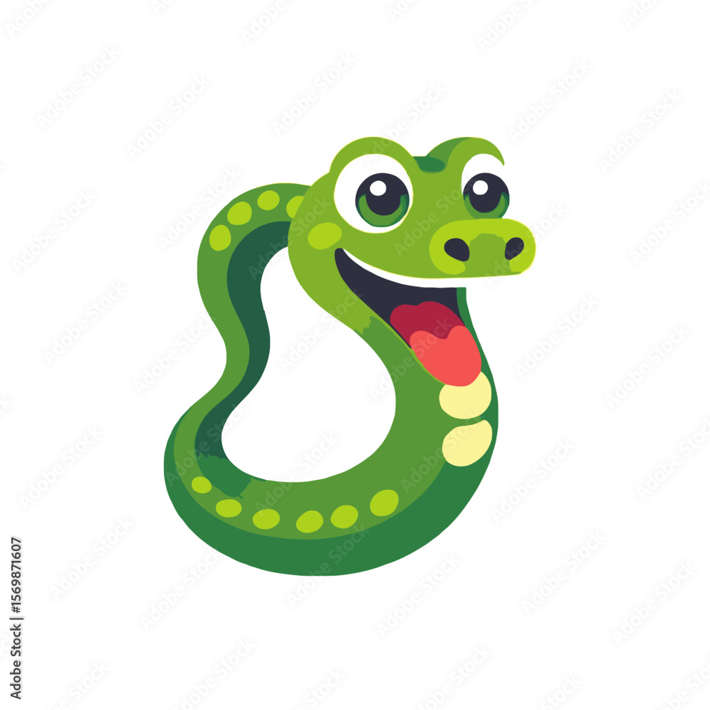 Fototapeta premium Friendly Green Snake Cartoon Illustration-Happy Reptile Character with Tongue Out-Cute Animal Design for Kids-Educational Wildlife Graphics-Zoo Animal Art