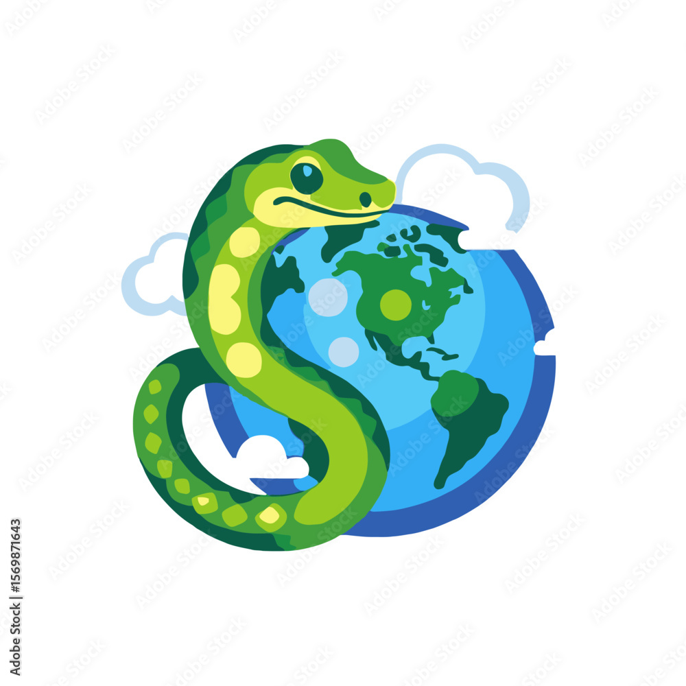 Green Snake Coiling Around Globe Illustration- Earth Day Concept Artwork- Environmental Awareness Graphic- Reptile and Planet Image- Nature Conservation Art Green Snake Coiling Around Globe Illustration- Earth Day Concept Artwork- Environmental Awareness Graphic- Reptile and Planet Image- Nature Conservation Art
