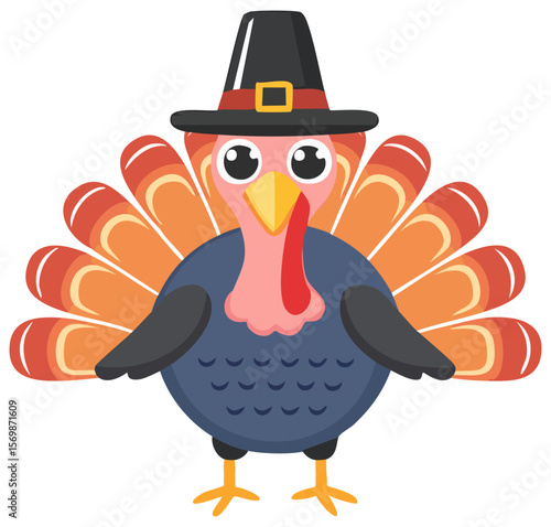 Cartoon thanksgiving turkey wearing a pilgrim hat 