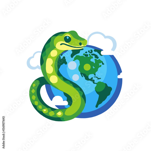 Green Snake Coiling Around Globe Illustration- Earth Day Concept Artwork- Environmental Awareness Graphic- Reptile and Planet Image- Nature Conservation Art