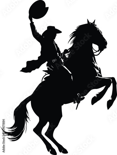 Classic cowboy riding rearing horse, bold silhouette, perfect for western themed graphic design and scalable logo applications.