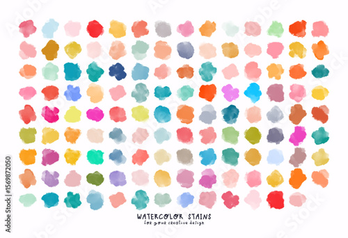 Set of colorful watercolor hand painted different shapes, stains, circles, blobs isolated on white background. Vector elements for design