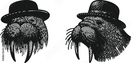 Walrus head with hat vector bundle, heavy lined effect black illustration, detailed animal portrait, vintage style design, bold outline drawing, wildlife graphic, artistic animal clipart set