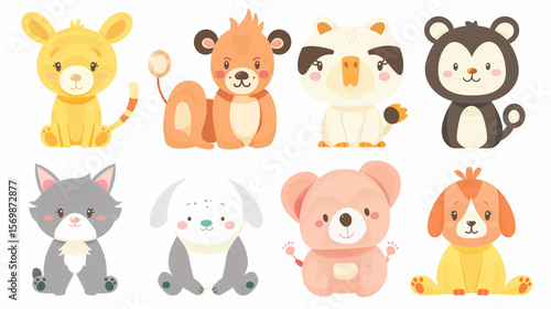 Set of Cute Animals,printable animal graphics, animal-themed classroom decor, sweet animal cartoons, whimsical animal drawings, animal group artwork