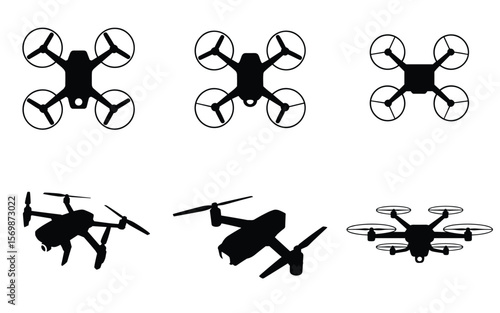 Drone Icon Collection – Quadcopters and Hexacopters in Black Silhouette Style