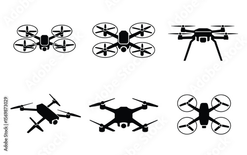 Drone Icon Collection – Quadcopters and Hexacopters in Black Silhouette Style