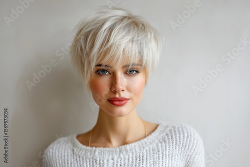 A woman with a platinum blonde pixie cut poses confidently against a neutral background