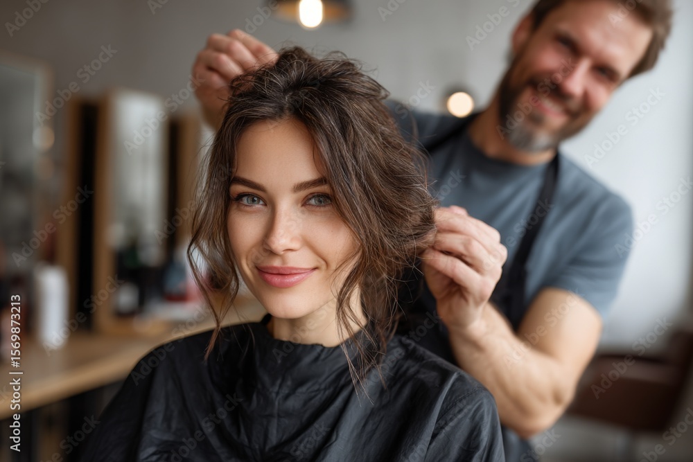 Naklejka premium A woman smiles while a hairstylist adjusts her hair in a barbershop. T