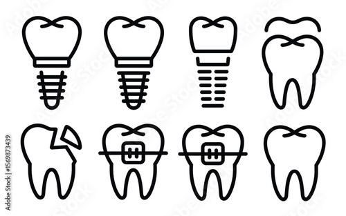 Dental Care Icon Set – Tooth Implants, Braces, and Damaged Teeth in Line Style