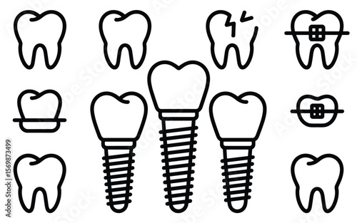 Dental Care Icon Set – Tooth Implants, Braces, and Damaged Teeth in Line Style