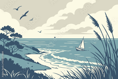 Sailboat on blue ocean near grassy shore with birds