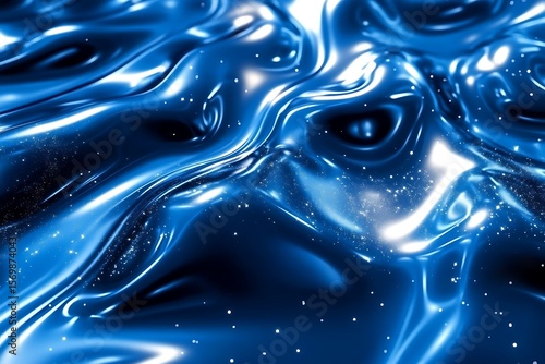 Abstract blue liquid surface with sparkling particles and smooth waves