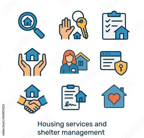 Flat vector icons of housing services, shelter management. House search, key access, housing checklist, shelter support, social worker, secure access, housing deal, rental contract, caring home