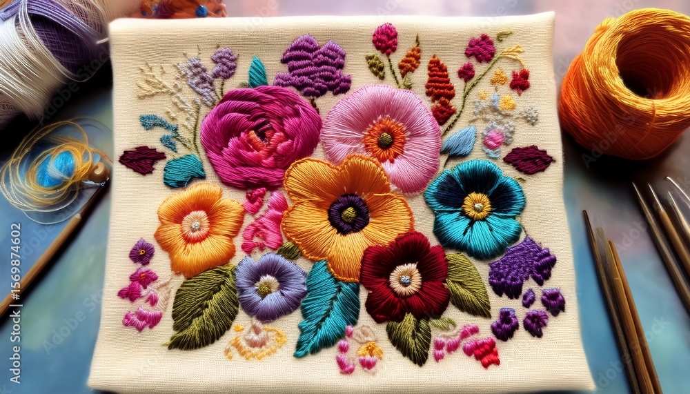 Obraz premium handmade embroidered art of cute flowers