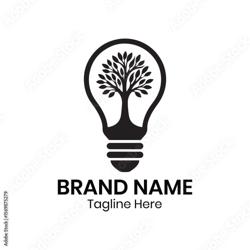 Black and white logo featuring a tree inside a lightbulb with brand name and tagline below it