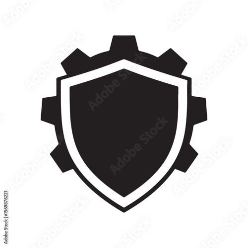 A black and white illustration of a shield with a gear behind it in a simple and clean design style