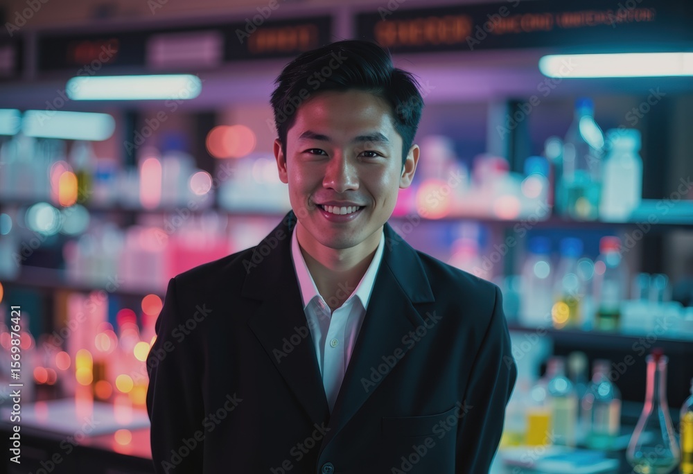 Confident experiment supervisor smiling in a vibrant laboratory setting Confident experiment supervisor smiling in a vibrant laboratory setting